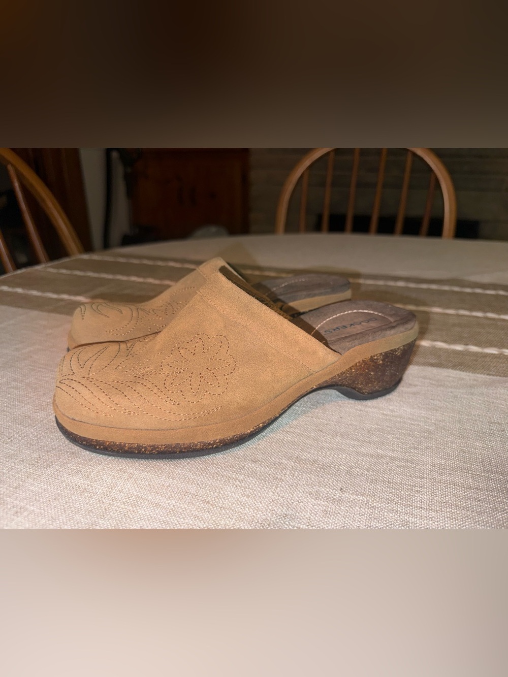 Dockers Tan Suede Slip-On Clog with Floral Stitching